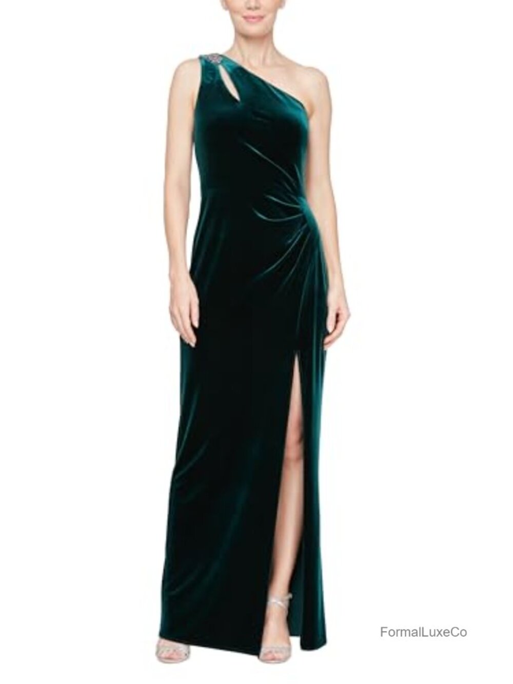 Long One Shoulder Velvet Formal Gown with Ruched Waist